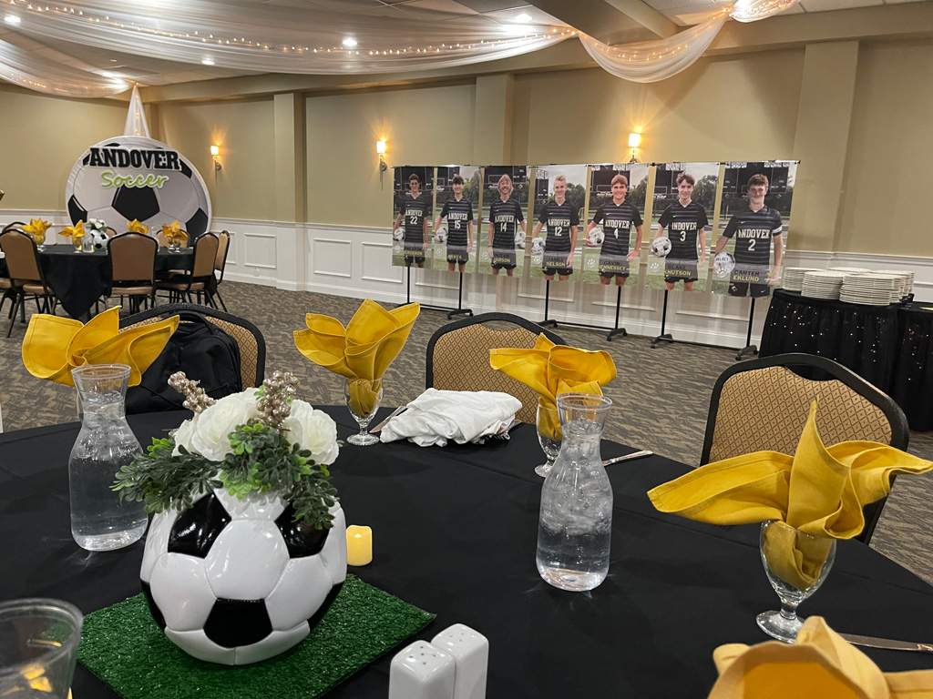 Sports banquet Fridley Minnesota dining - soccer themed celebration with pictures of soccer players